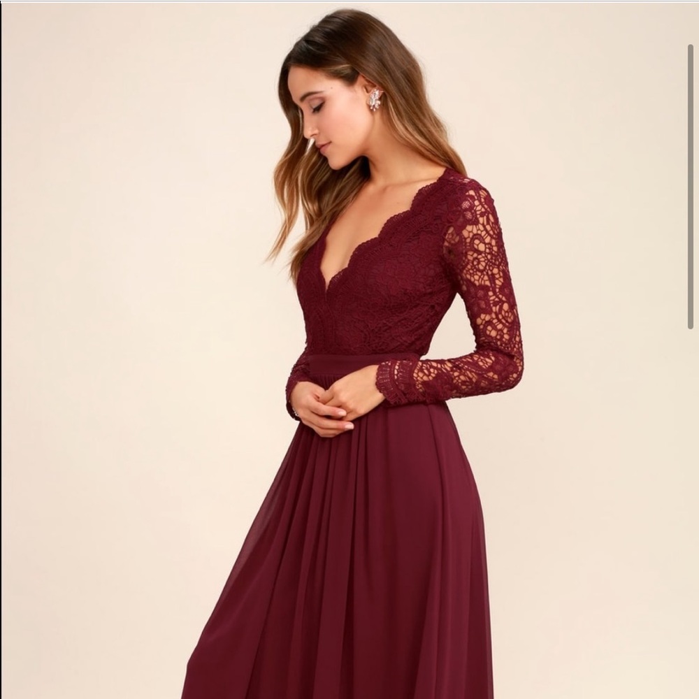 Awaken My Love Burgundy Long Sleeve Lace MaxiDress